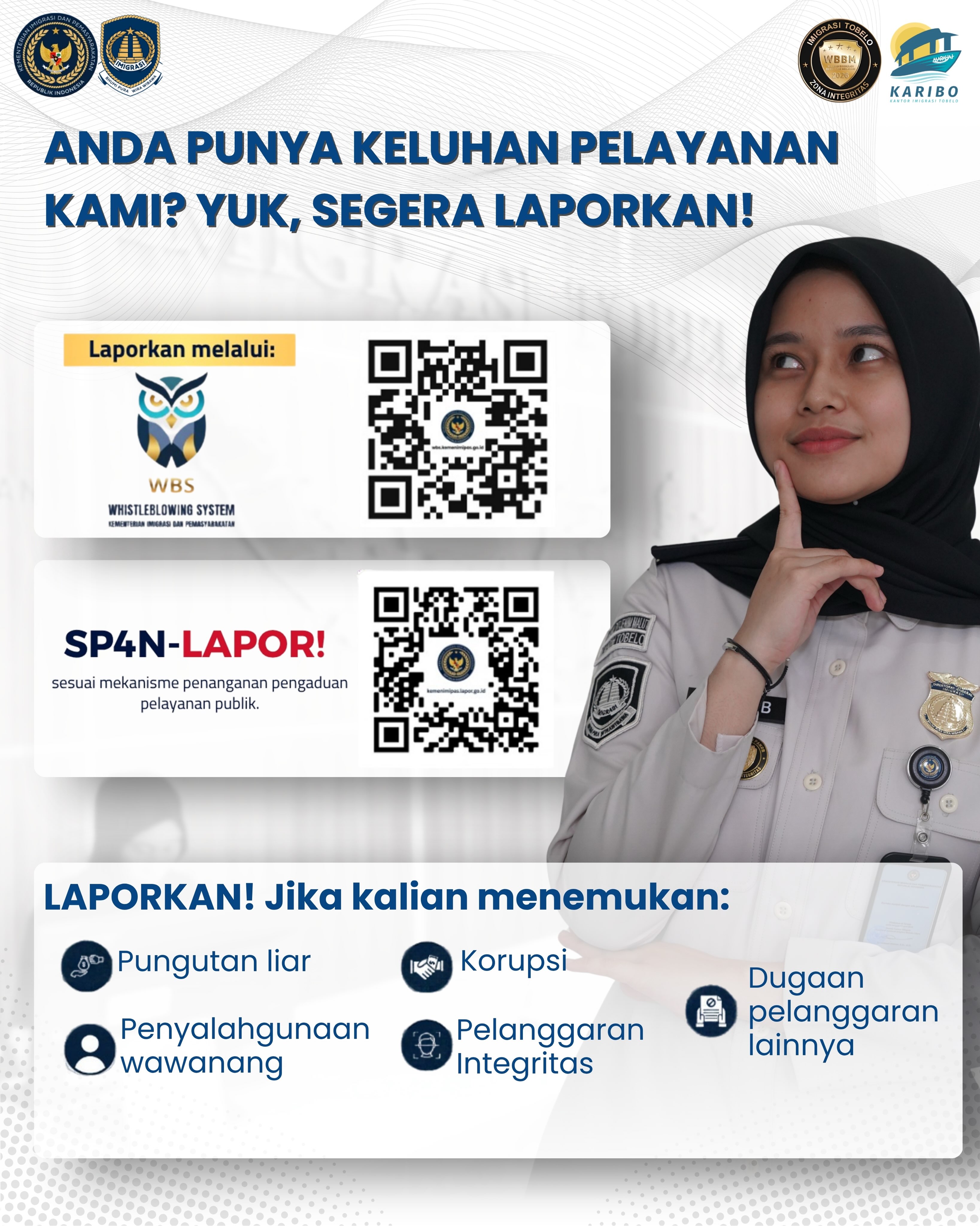 Sobat Mido WAJIB melaporkan bila menemukan praktik pelanggaran di sekitar lingkungan kantor kami! Scan QR untuk melaporkan petugas yg melakukan pelanggaran…
#kemenimipas #ditjen_imigrasi #visa #paspor #hendarsammarantoko